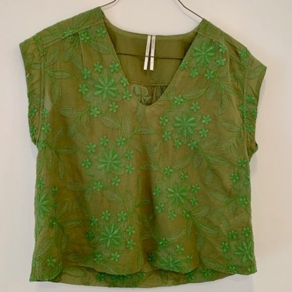 Anthropologie Tops - Anthropologie Olive Green Embroidered Floral Crop Top